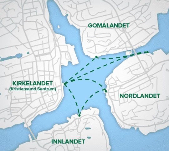 Kart over Kristiansund med Sundbåtens rute